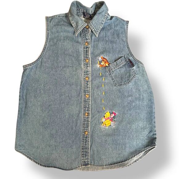 Vintage Disney Pooh Chambray Denim Shirt Tigger Piglet Embroidery Button Front - Picture 9 of 9